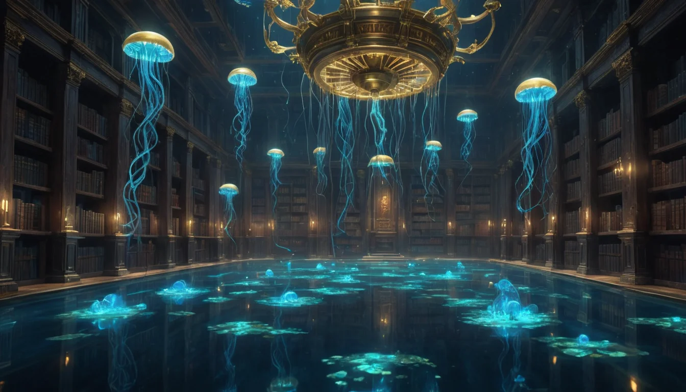 Aquatic Clockwork Library — AI generated image