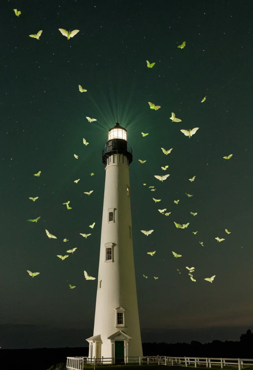 Moth Migration Past the Lighthouse — AI generated image