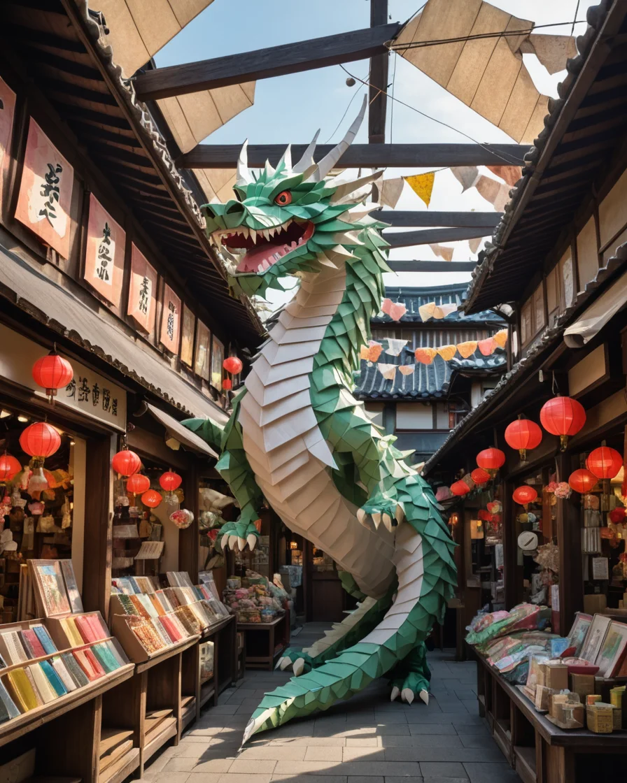 Origami Dragon Above the Paper Stall — AI generated image